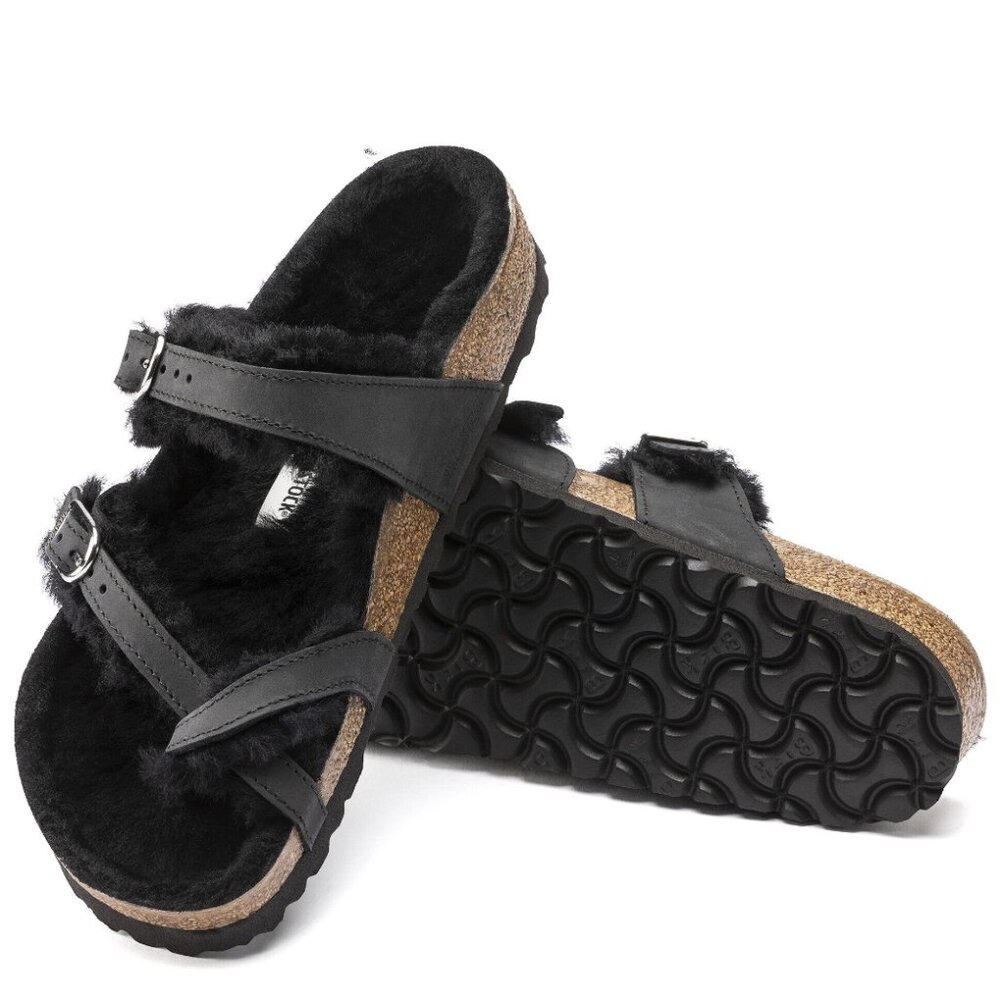 Birkenstock Mayari Shearling Oiled Leather Black Sandals Womens Size 8 Shearling